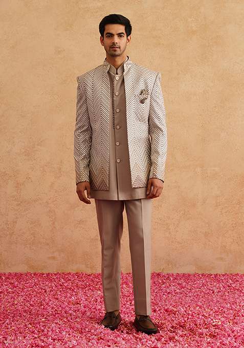 Champagne Brown Embroidered Silk Blend Indo Western Sherwani Set For Men