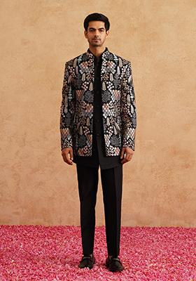 Black Embroidered Silk Indo Western Sherwani Set For Men
