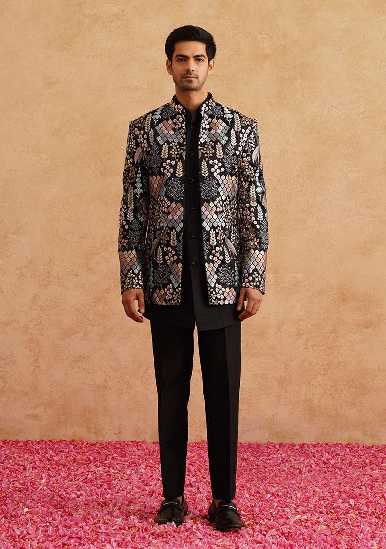 Black Embroidered Silk Blend Indo Western Sherwani Set For Men - Indya