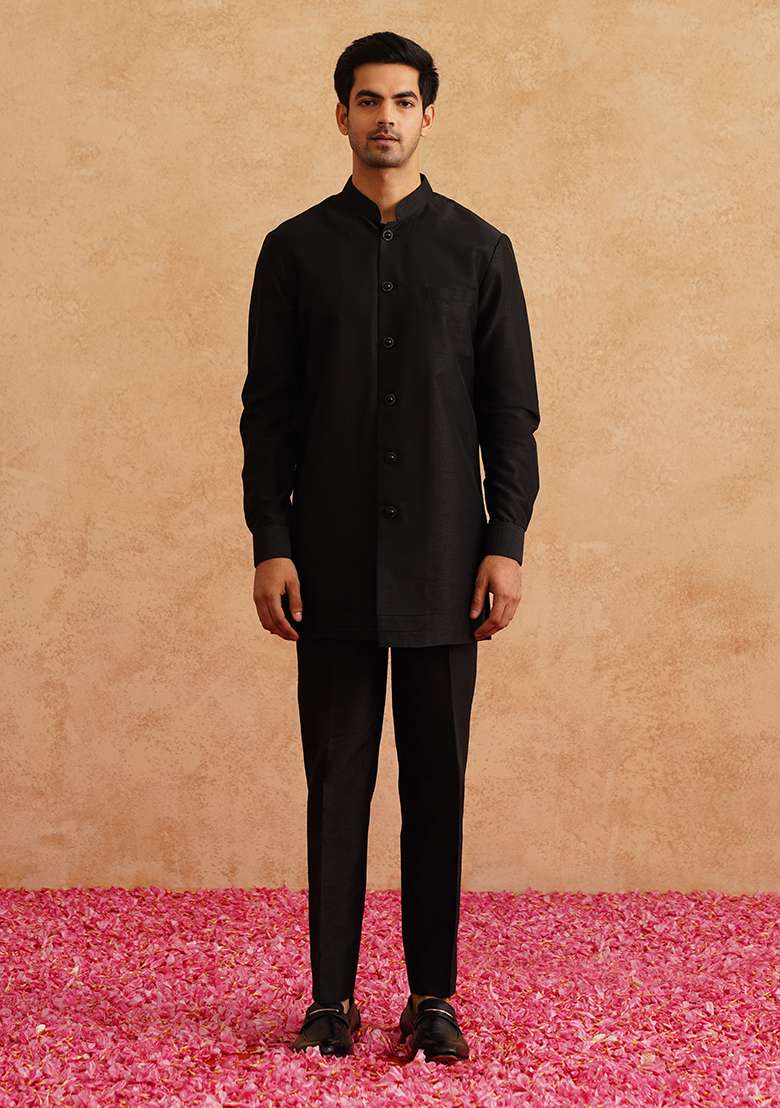 Black Embroidered Silk Blend Indo Western Sherwani Set For Men - Indya