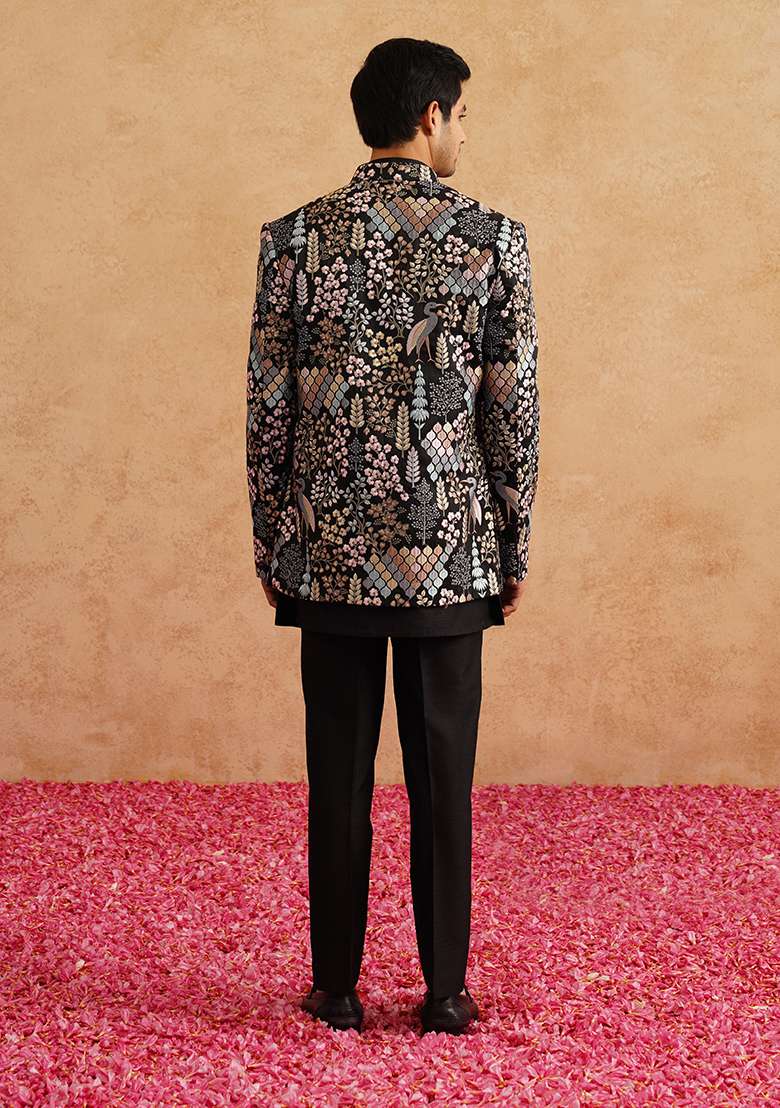 Black Embroidered Silk Blend Indo Western Sherwani Set For Men - Indya