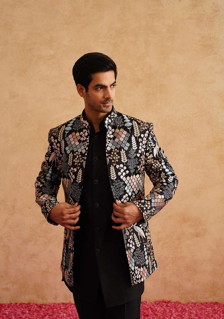 Black Embroidered Silk Blend Indo Western Sherwani Set For Men - Indya