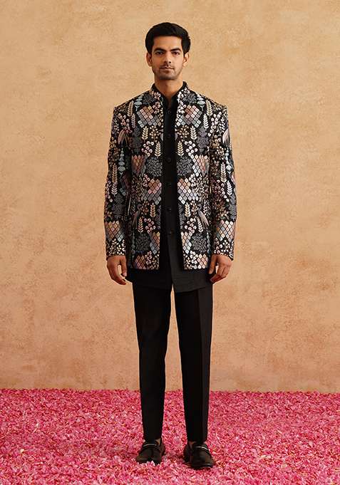 Black Embroidered Silk Blend Indo Western Sherwani Set For Men