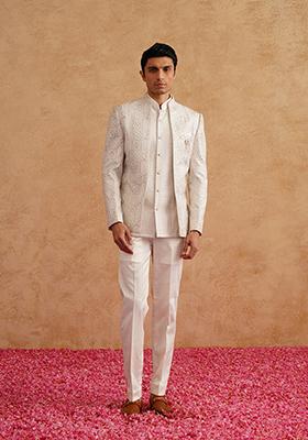 White Embroidered Silk Indo Western Sherwani Set For Men