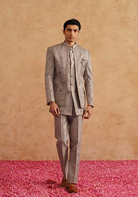 Grey Embroidered Silk Indo Western Sherwani Set For Men