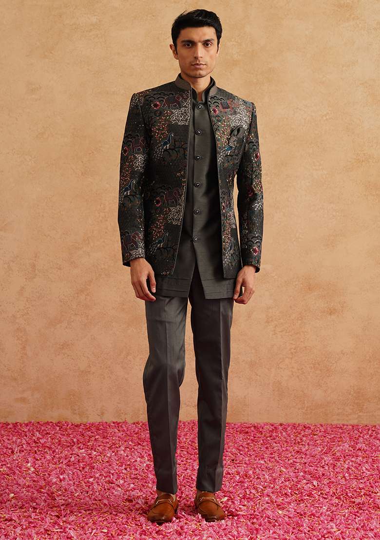 Charcoal Grey Embroidered Silk Blend Indo Western Sherwani Set For Men - Indya