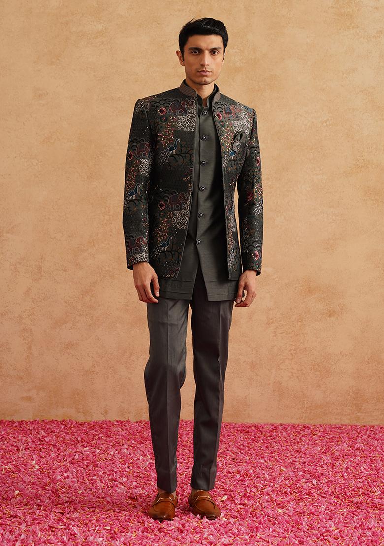 Charcoal Grey Embroidered Silk Indo Western Sherwani Set For Men - Indya