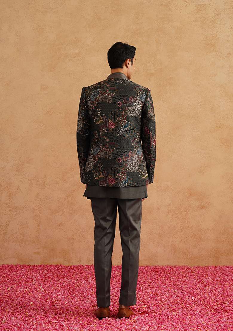 Charcoal Grey Embroidered Silk Blend Indo Western Sherwani Set For Men - Indya