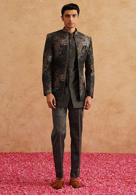Charcoal Grey Embroidered Silk Blend Indo Western Sherwani Set For Men