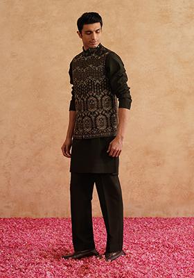 Seaweed Green Embroidered Silk Nehru Jacket  Set For Men