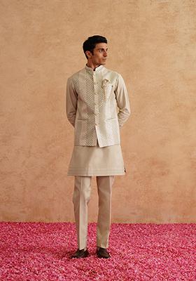 Light Green Embroidered Silk Nehru Jacket  Set For Men