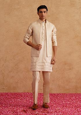Cream Embroidered Silk Nehru Jacket  Set For Men