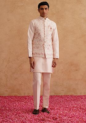 Light Pink Embroidered Silk Nehru Jacket  Set For Men