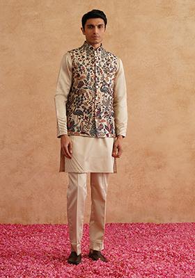 Beige Embroidered Silk Nehru Jacket  Set For Men