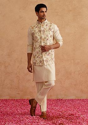 Light Yellow Embroidered Silk Nehru Jacket  Set For Men
