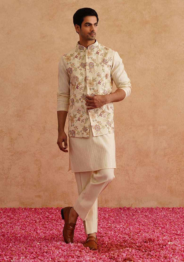 Light Yellow Embroidered Silk Blend Nehru Jacket Set For Men - Indya
