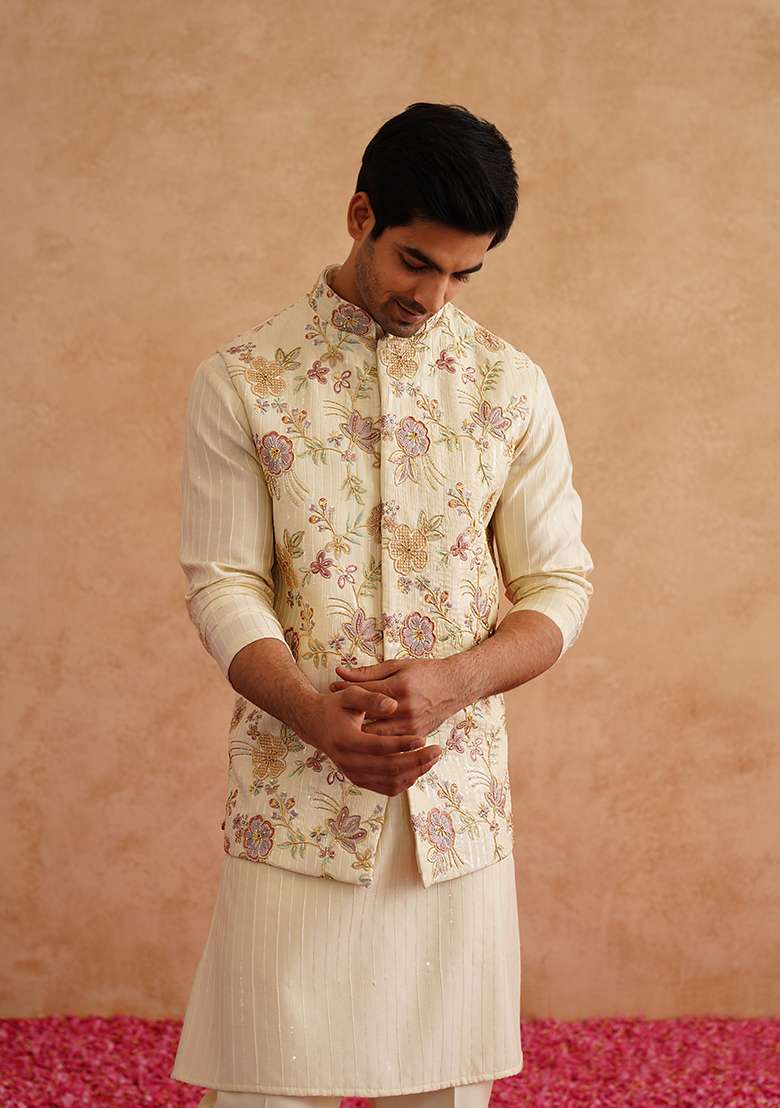 Light Yellow Embroidered Silk Blend Nehru Jacket Set For Men - Indya