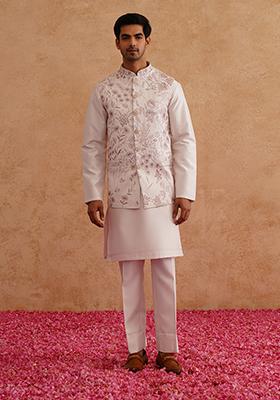 Light Pink Embroidered Silk Nehru Jacket  Set For Men