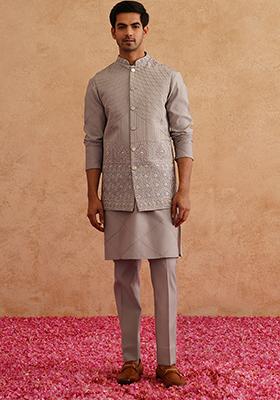Grey Embroidered Silk Nehru Jacket  Set For Men