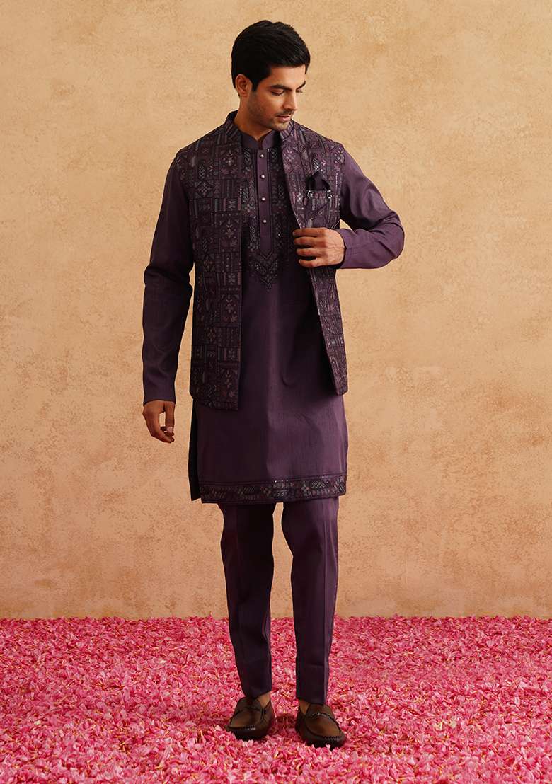Purple Embroidered Silk Blend Nehru Jacket Set For Men - Indya