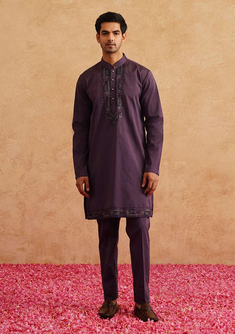 Purple Embroidered Silk Blend Nehru Jacket Set For Men - Indya