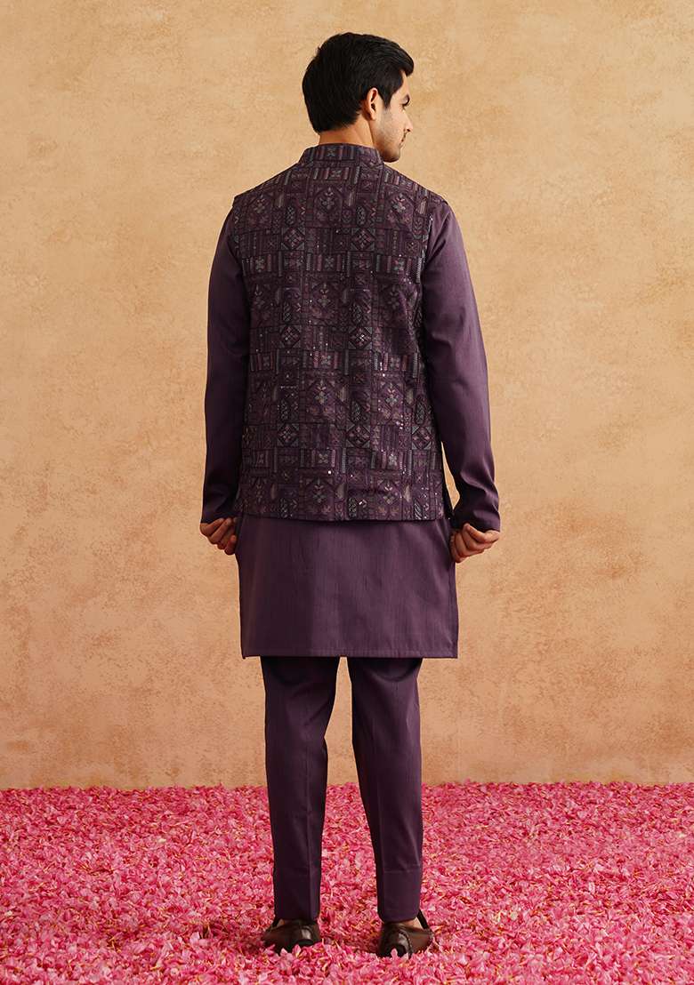 Purple Embroidered Silk Blend Nehru Jacket Set For Men - Indya