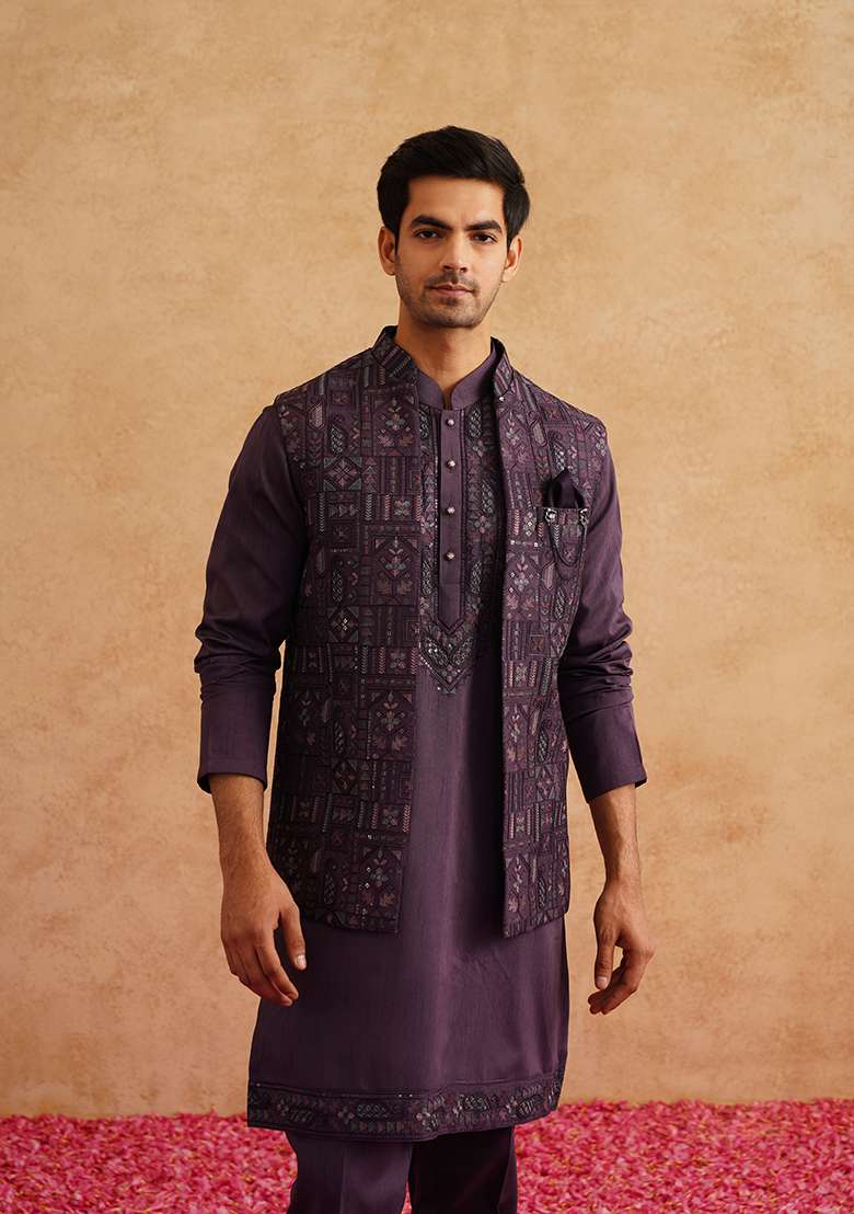 Purple Embroidered Silk Blend Nehru Jacket Set For Men - Indya