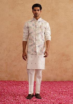 Multi Color Embroidered Silk Nehru Jacket  Set For Men