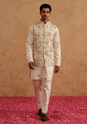 Multi Color Embroidered Silk Nehru Jacket  Set For Men