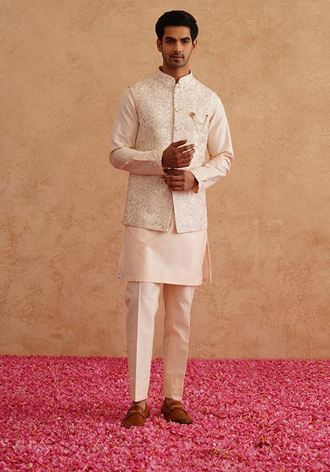 Light Beige Embroidered Silk Nehru Jacket  Set For Men