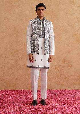 White Embroidered Silk Nehru Jacket  Set For Men