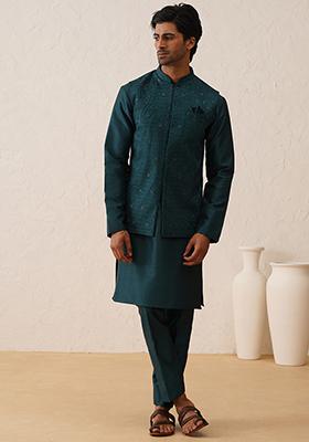 Teal Green Embroidered Silk Nehru Jacket  Set For Men