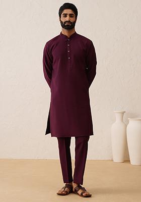 Wine Embroidered Silk Nehru Jacket  Set For Men