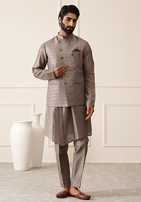 Dark Grey Embroidered Silk Nehru Jacket  Set For Men