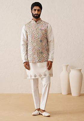 Ivory Embroidered Silk Nehru Jacket  Set For Men