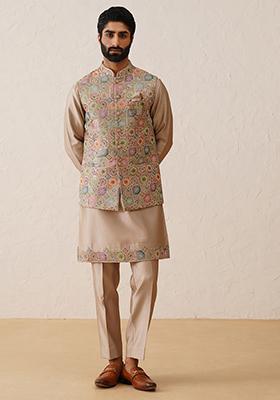 Chiku Brown Embroidered Silk Nehru Jacket  Set For Men