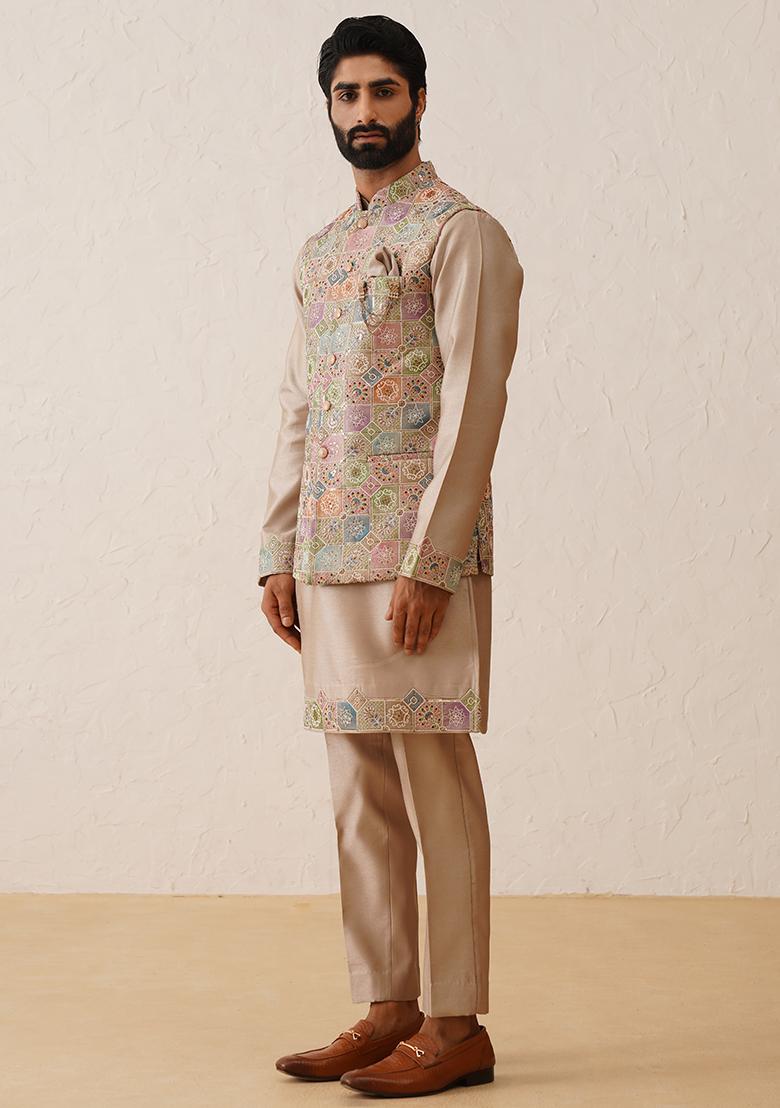 Chiku Brown Embroidered Silk Nehru Jacket  Set For Men - Indya