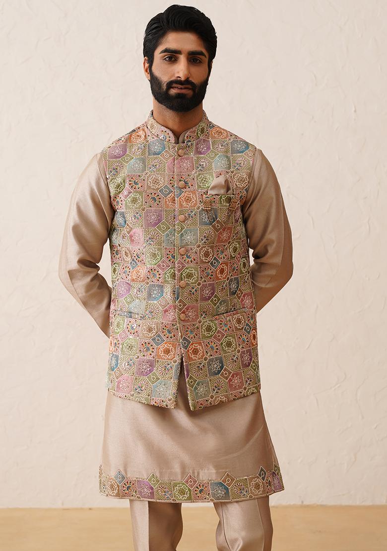 Chiku Brown Embroidered Silk Nehru Jacket  Set For Men - Indya