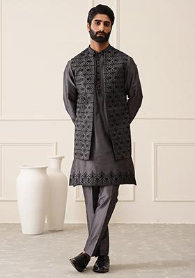 Dark Grey Embroidered Silk Nehru Jacket  Set For Men