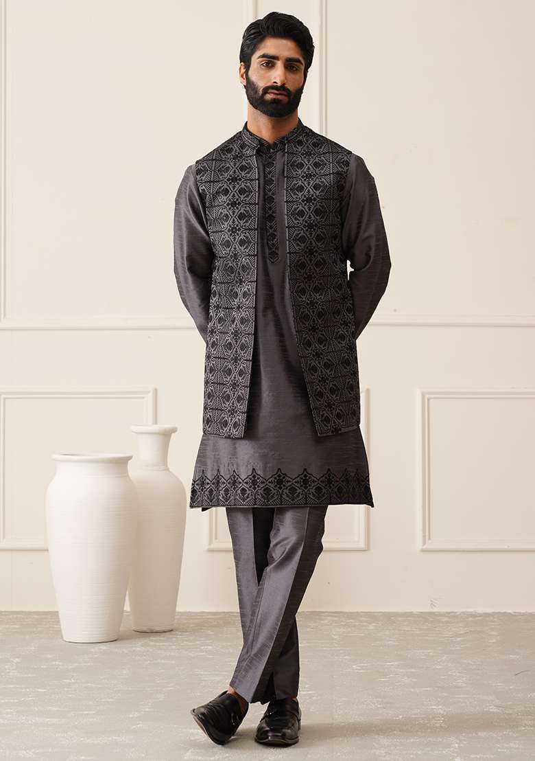 Dark Grey Embroidered Silk Nehru Jacket  Set For Men - Indya