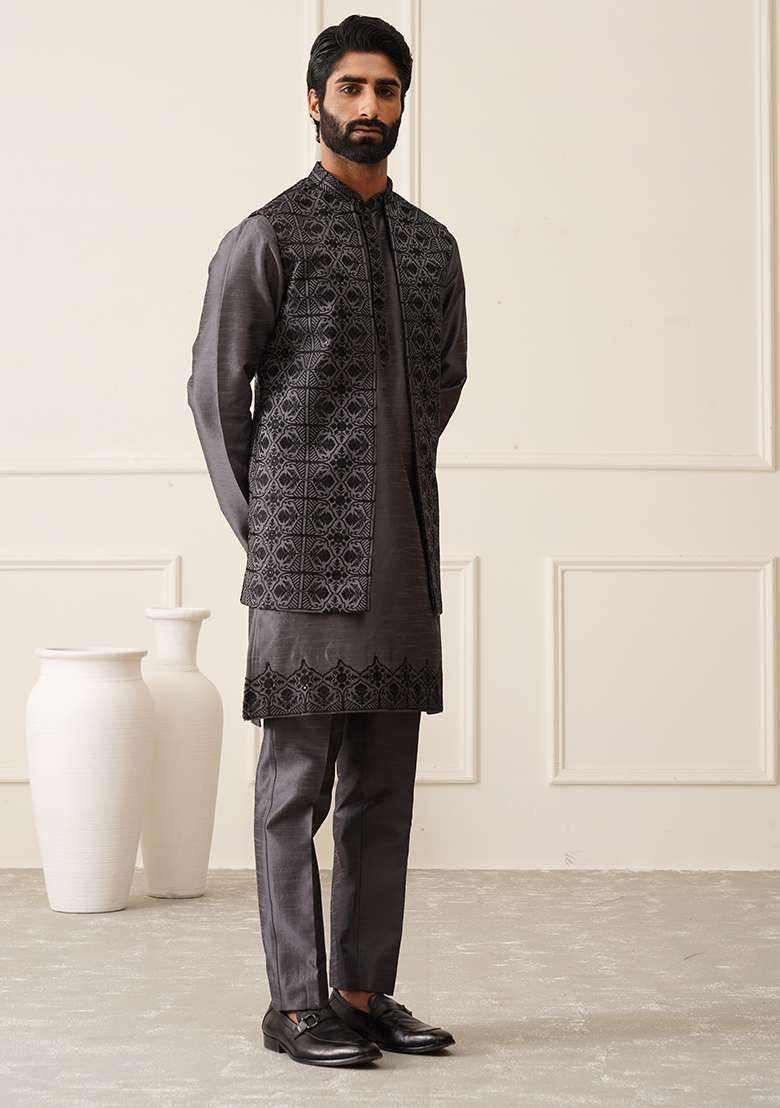 Dark Grey Embroidered Silk Nehru Jacket  Set For Men - Indya