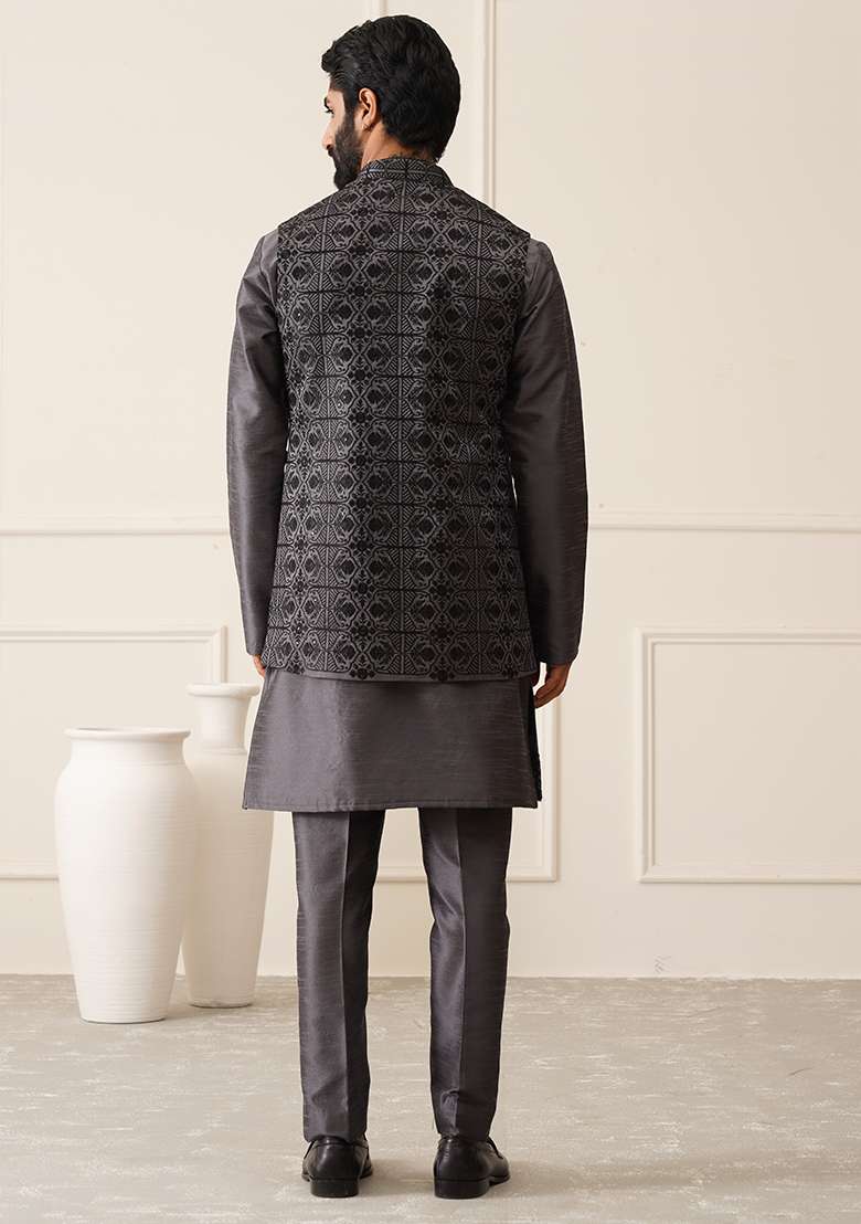 Dark Grey Embroidered Silk Nehru Jacket  Set For Men - Indya