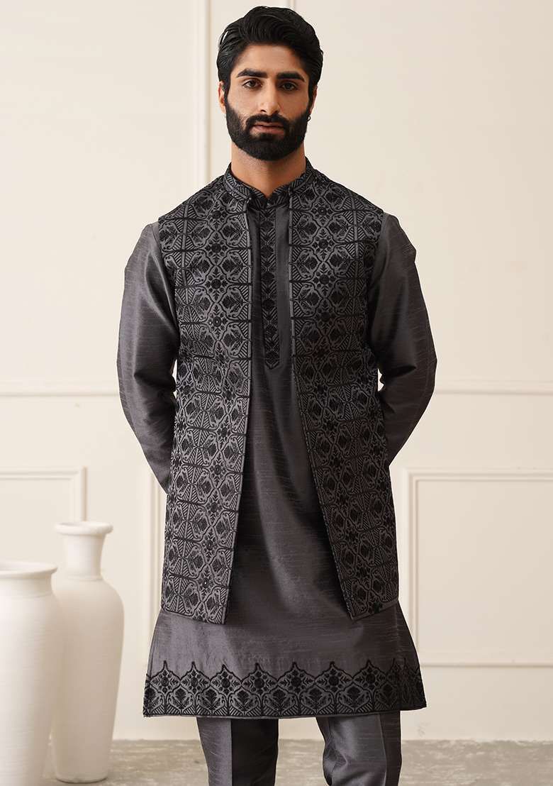 Dark Grey Embroidered Silk Nehru Jacket  Set For Men - Indya
