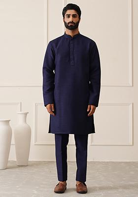 Navy Blue Embroidered Silk Nehru Jacket  Set For Men