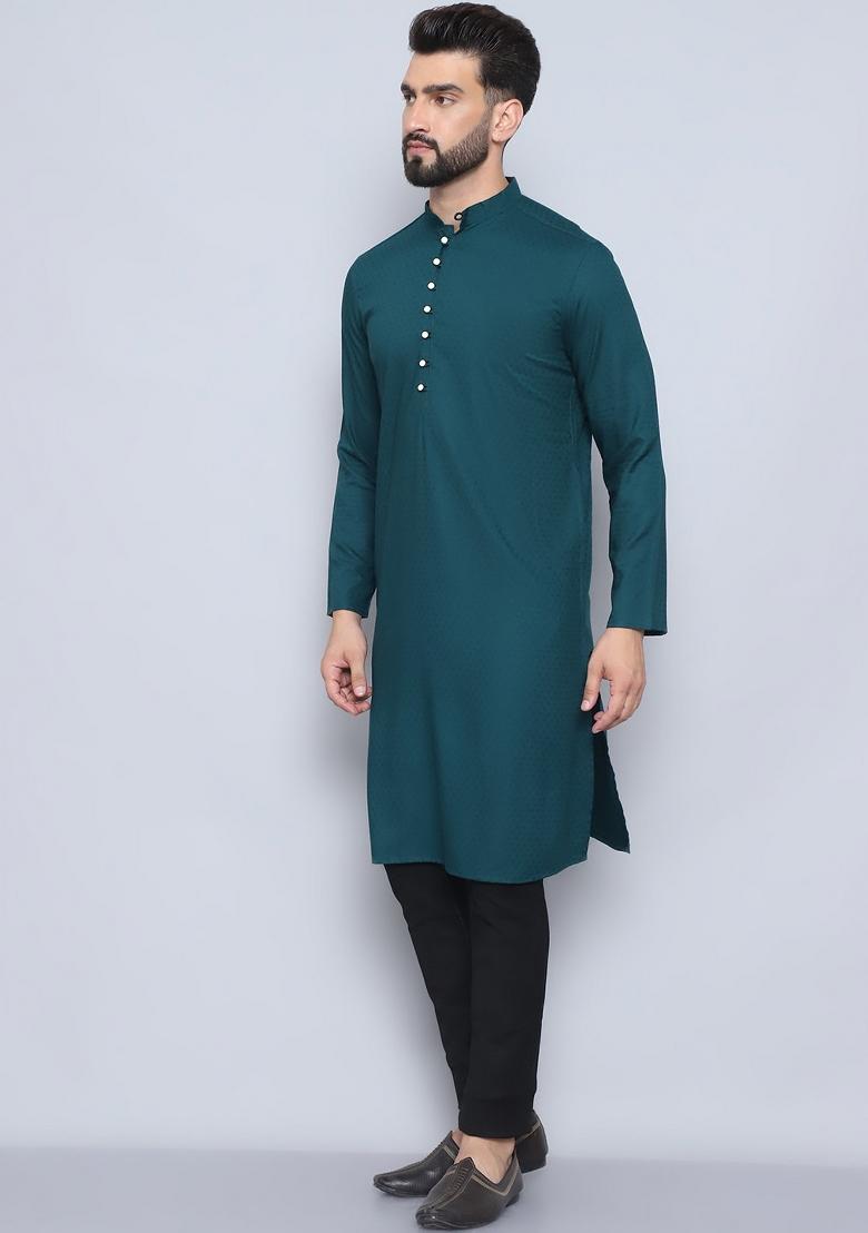 Yellow Hand Embroidered Rayon Kurta For Men
