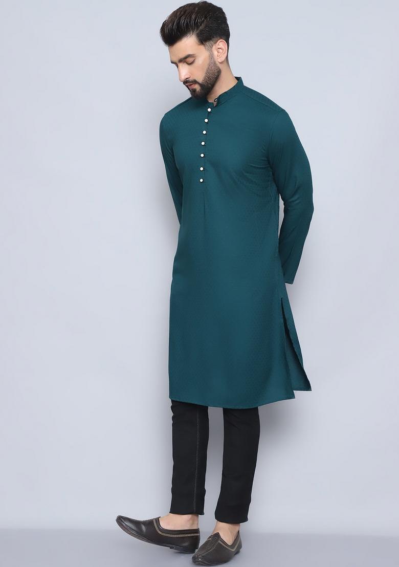 Yellow Hand Embroidered Rayon Kurta For Men
