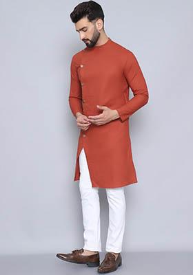 Rust Red Hand Embroidered Rayon Kurta For Men