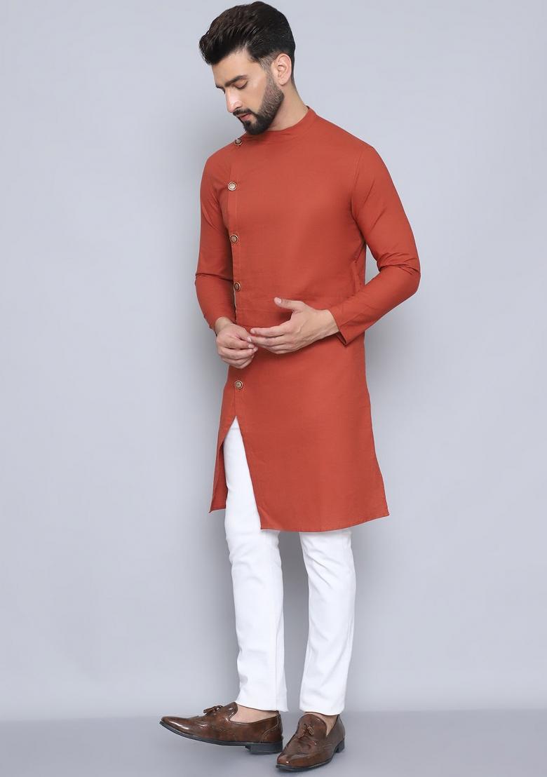 Rust Red Hand Embroidered Rayon Kurta For Men