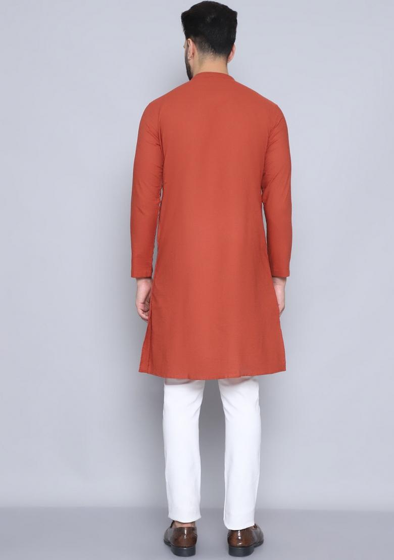 Rust Red Hand Embroidered Rayon Kurta For Men
