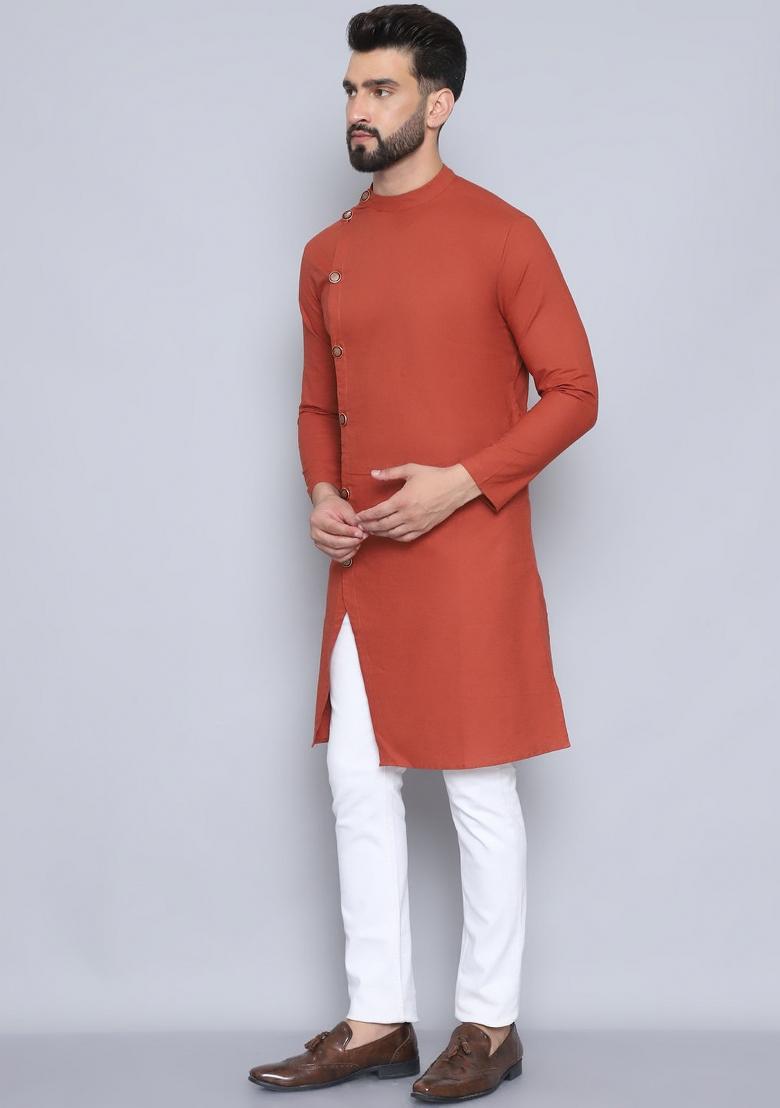 Rust Red Hand Embroidered Rayon Kurta For Men
